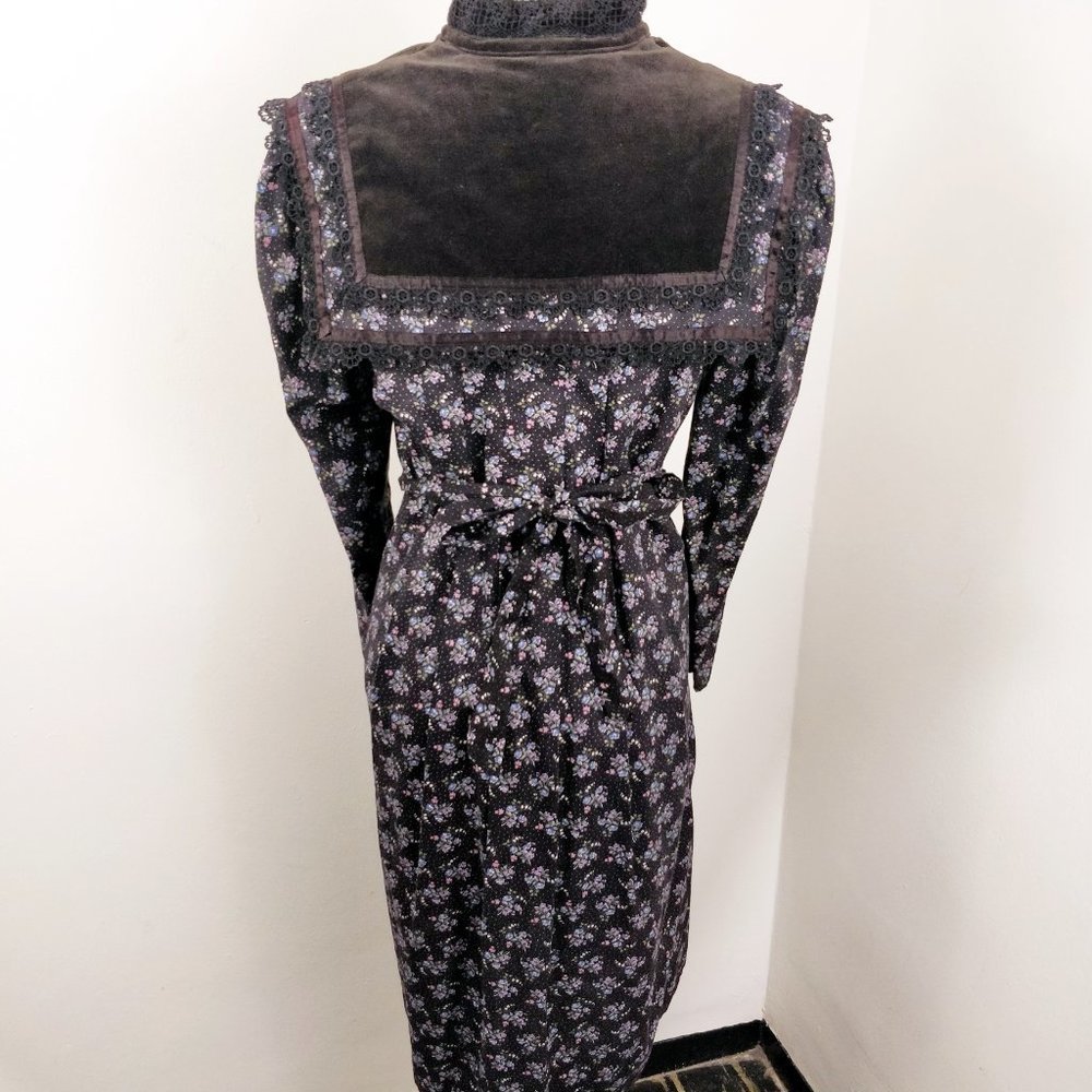 Gunne Sax Black Calico Floral Velvet Button Dress Gunnie RARE Dark moody - Picture 11 of 16